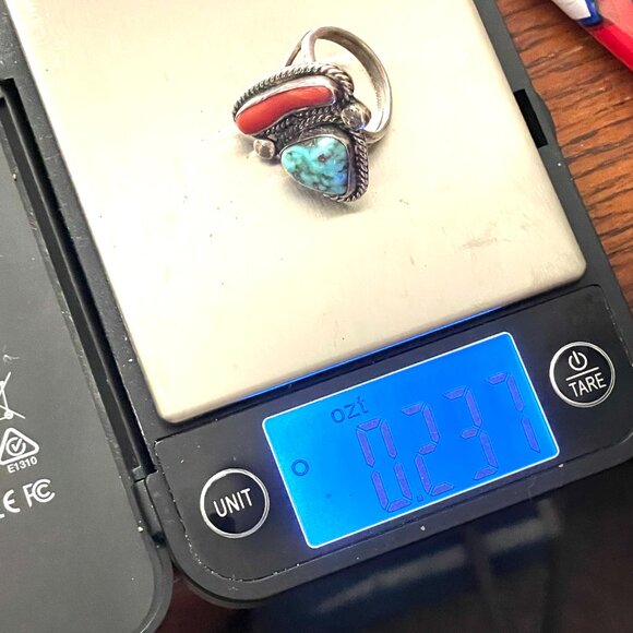 Vintage Signed Native American Silver Turquoise Coral Ring 5 1/2 - Picture 15 of 15